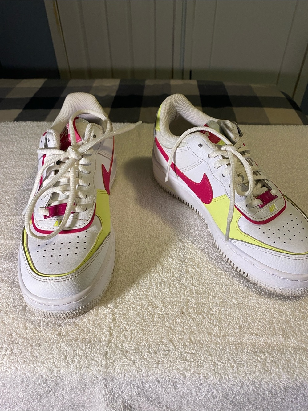 Nike White Sneakers with Hot Pink Swoosh and Neon Yellow Accents